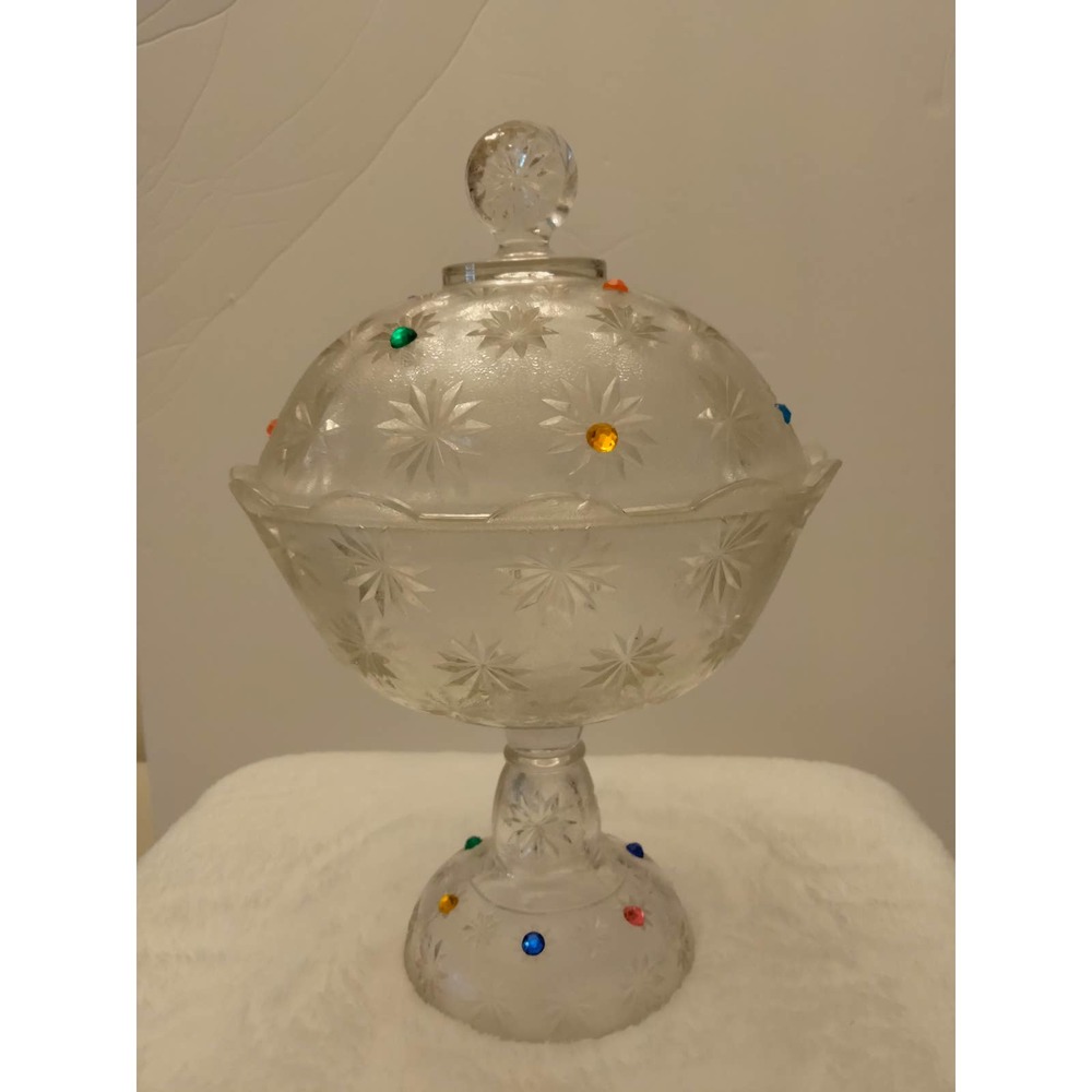 Unique frosted Candy Dish with lid and jewel embellishments. Very Good Condition